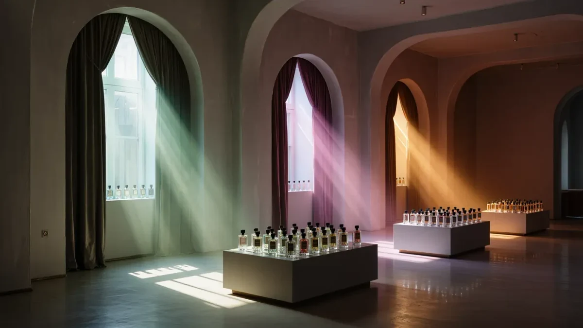 Empty immersion salon prepared for a fragrance launch with curtained rooms