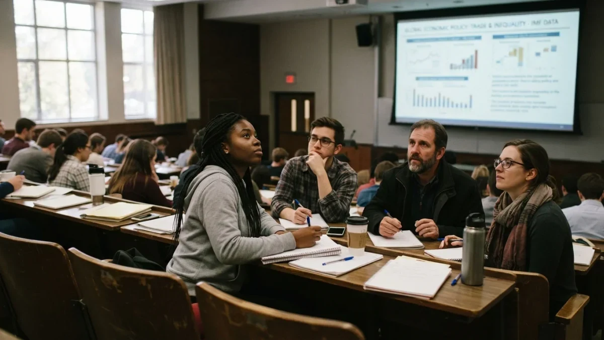 Diverse economics students listening to a policy briefing in a lecture hall