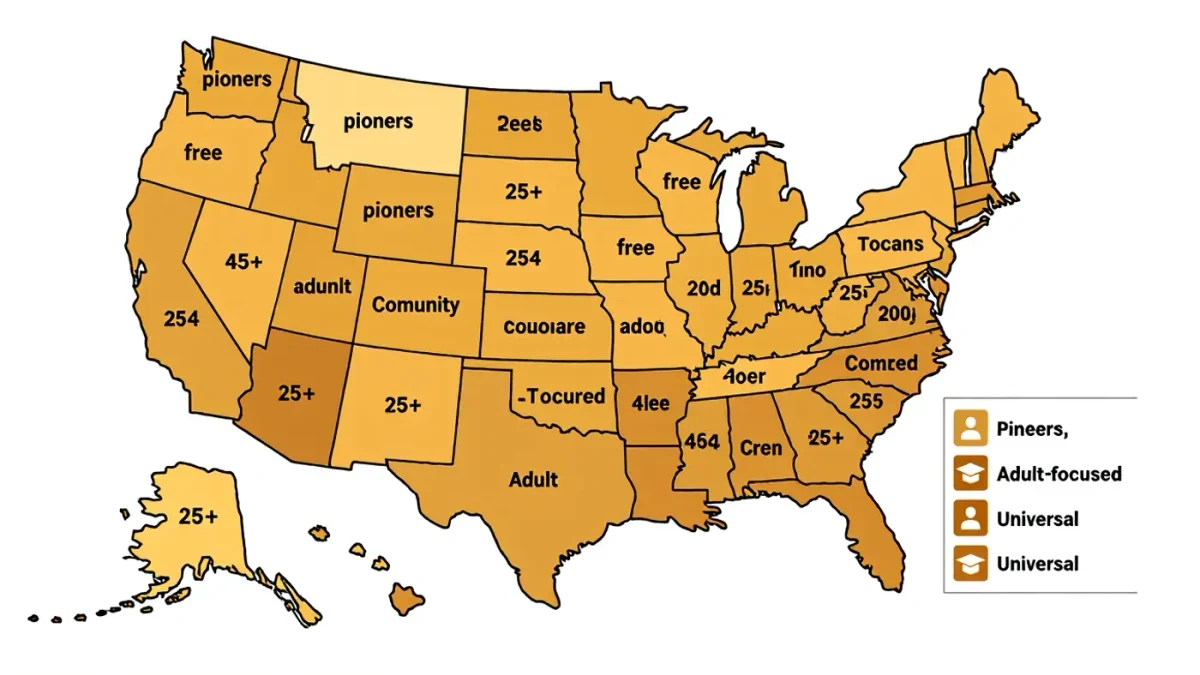 Map infographic of state free community college programs
