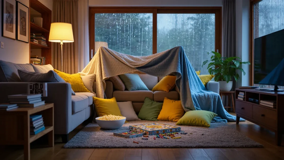 Cozy living room set up for indoor family play, rain outside
