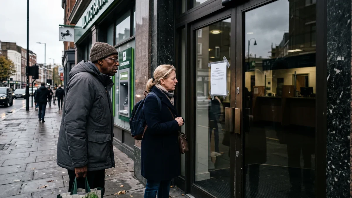 Customers reading a notice on a closed bank branch door