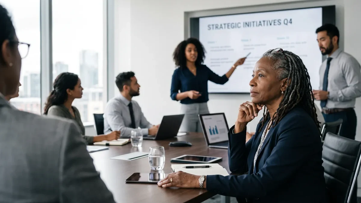 Director listening in a board meeting while executives present
