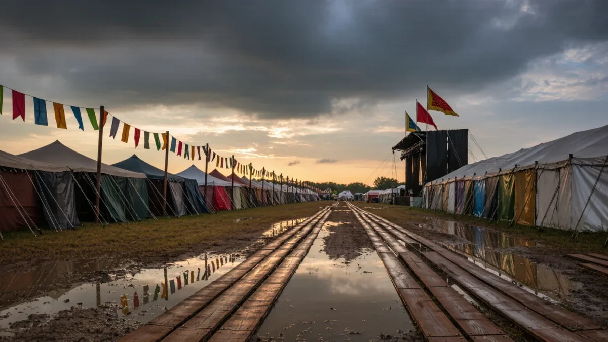 Rain-soaked festival walkway with mud after a storm, no people