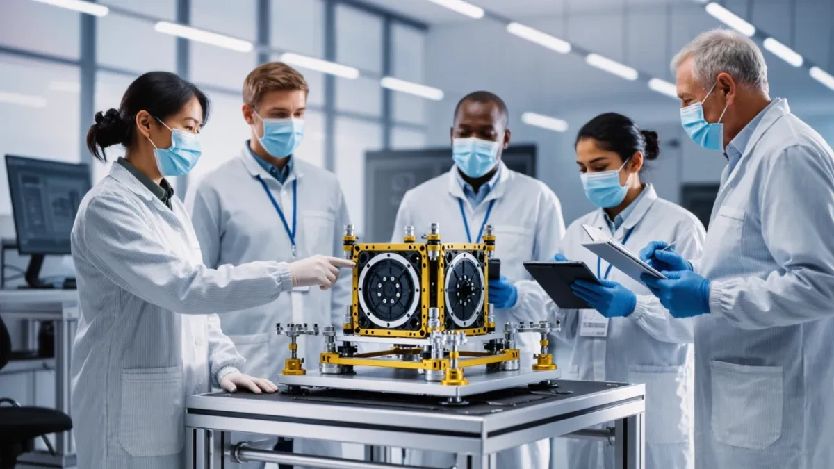 Engineers in white cleanroom garments inspecting a spacecraft instrument