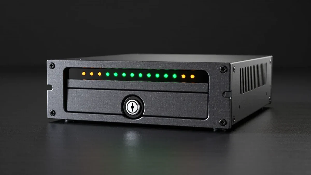 Close-up of a network security appliance with status lights