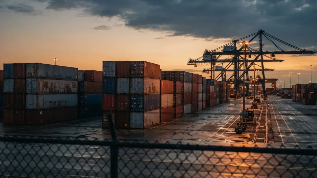 Shipping container yard stacked high at dusk, no people