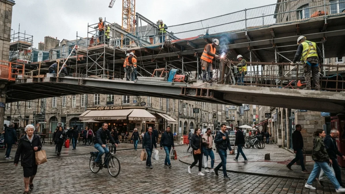 Workers building an elevated walkway above an older cobblestone street