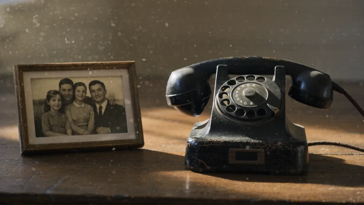 Vintage rotary telephone beside a framed family photograph on worn wood