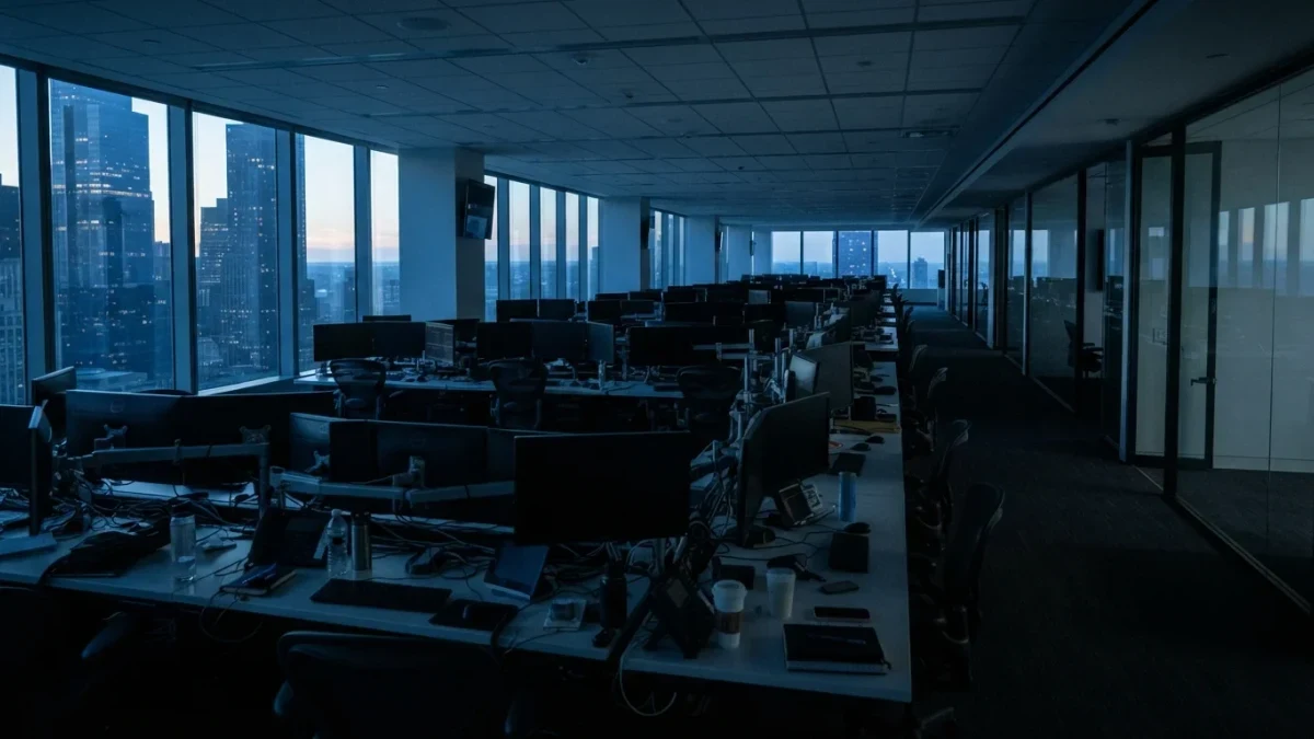 Empty bond trading floor with rows of dark monitors before market open