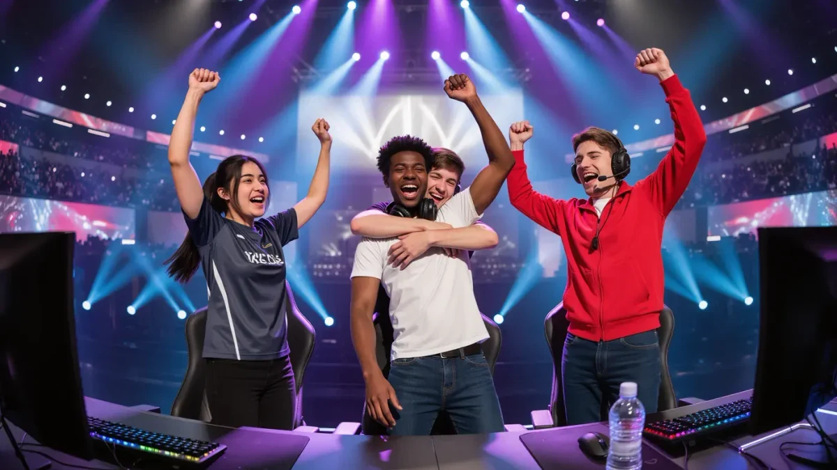 Diverse trio of battle royale competitors celebrating a championship point at LAN