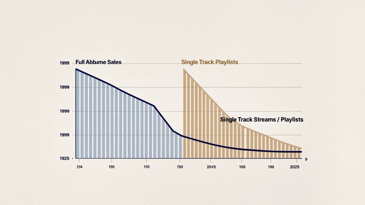 Album listening time measured against single-track plays across decades