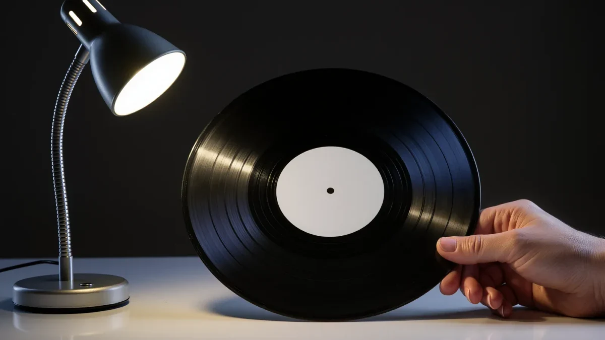 Close-up inspection of a vinyl record's grooves under light