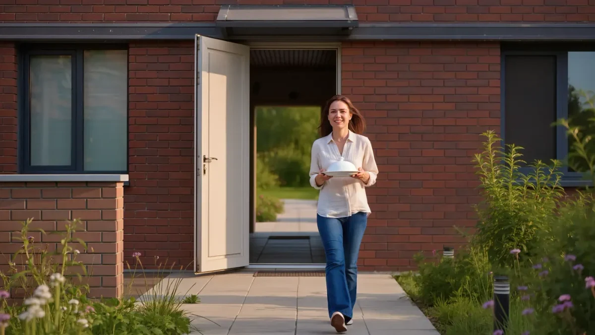 A visitor walking a level garden path to a zero-step front entrance