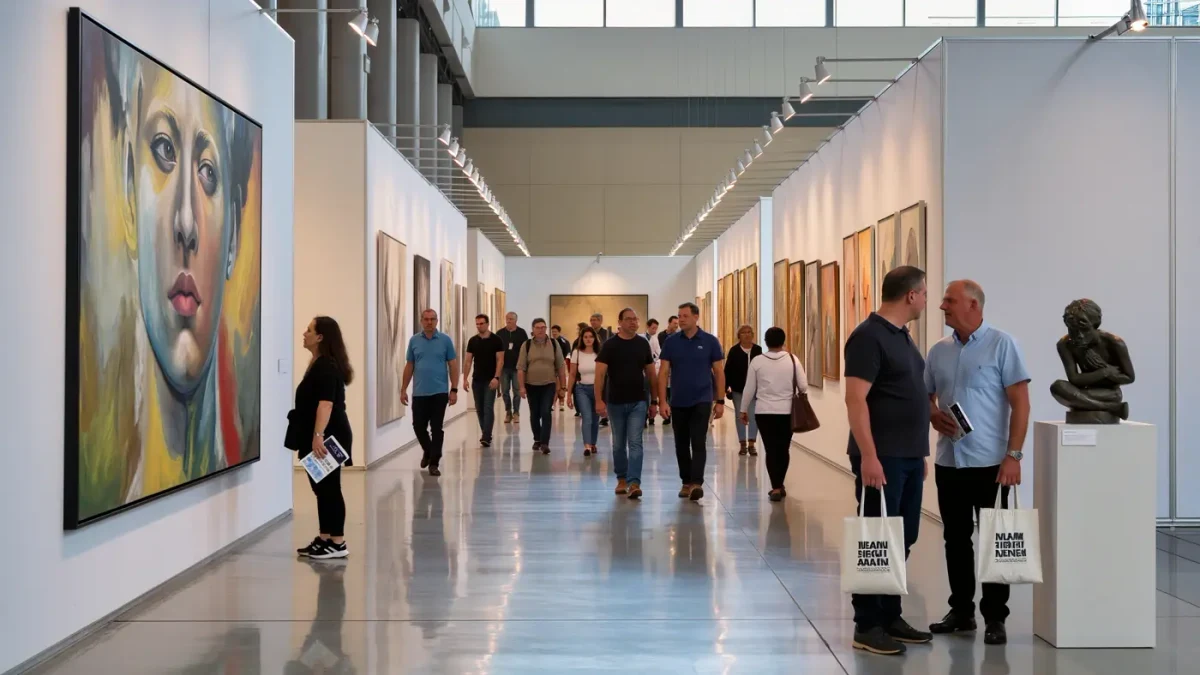Fair visitors of different ages walking through a broad gallery aisle