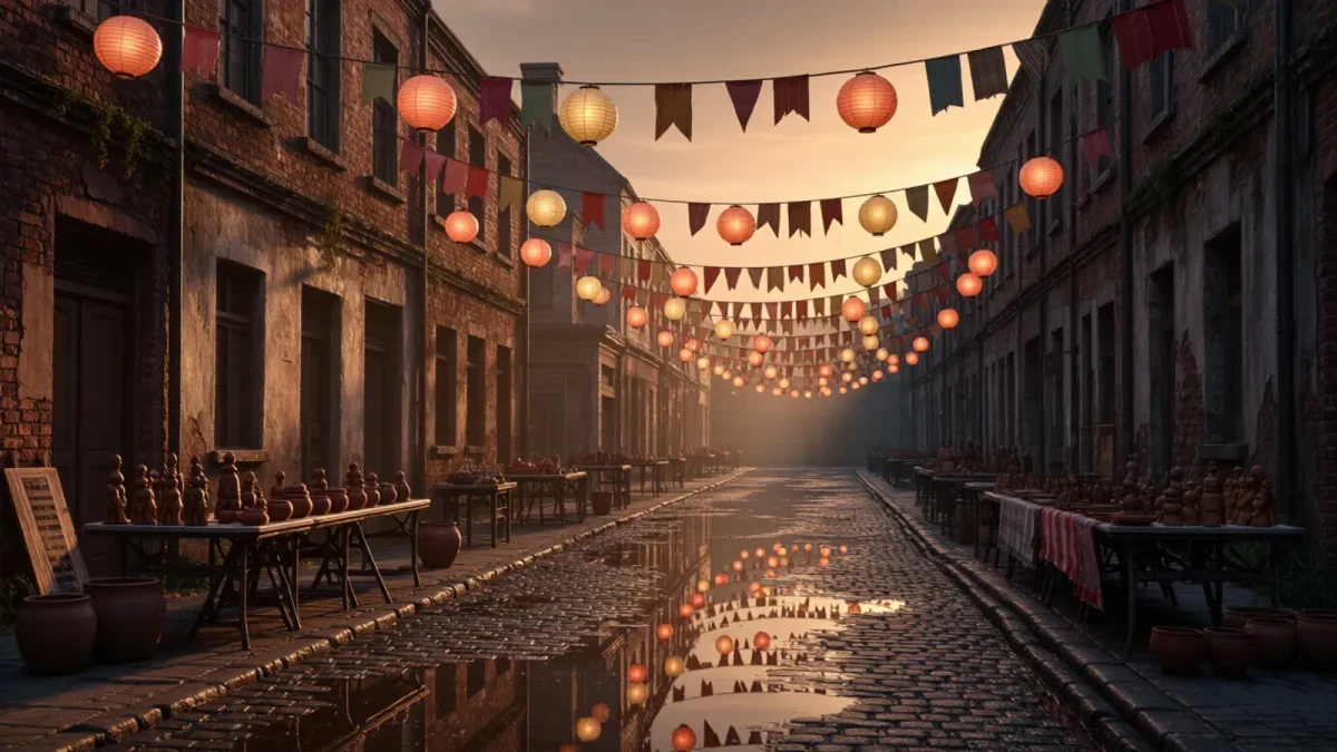 Festival street decorated with paper lanterns at dusk, empty