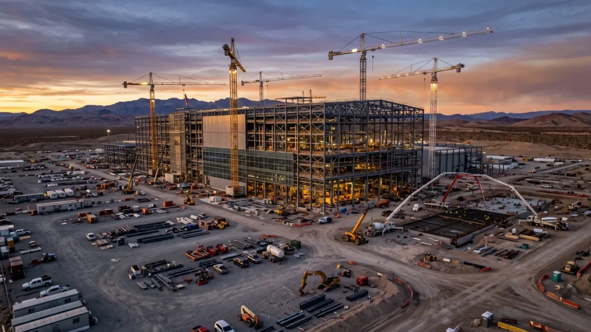 Semiconductor fab construction site with crane and steel structure