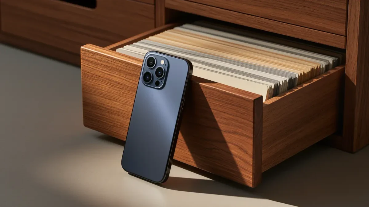 Studio close-up of a smartphone beside labeled archive drawer of customer cards