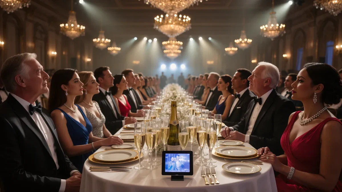 Awards-night audience watching a stage ceremony in a hotel ballroom