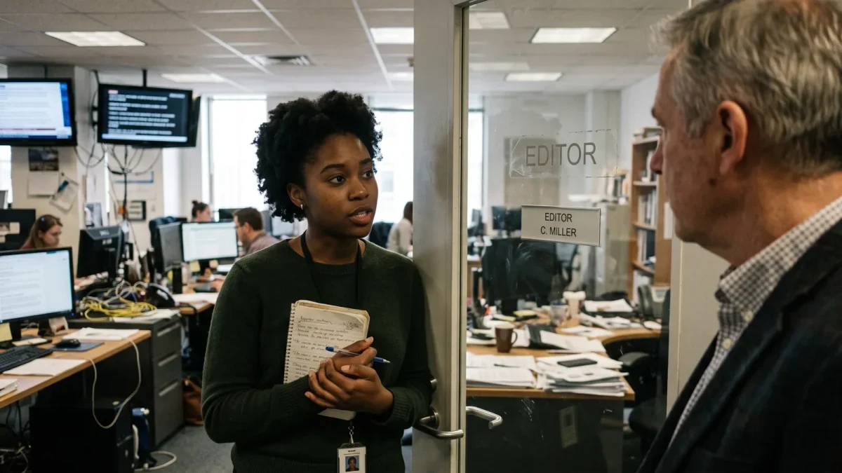 Two journalists in conversation near a office doorway, one taking notes