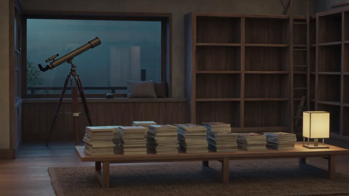Reading corner with genre trade paperbacks and empty display shelves