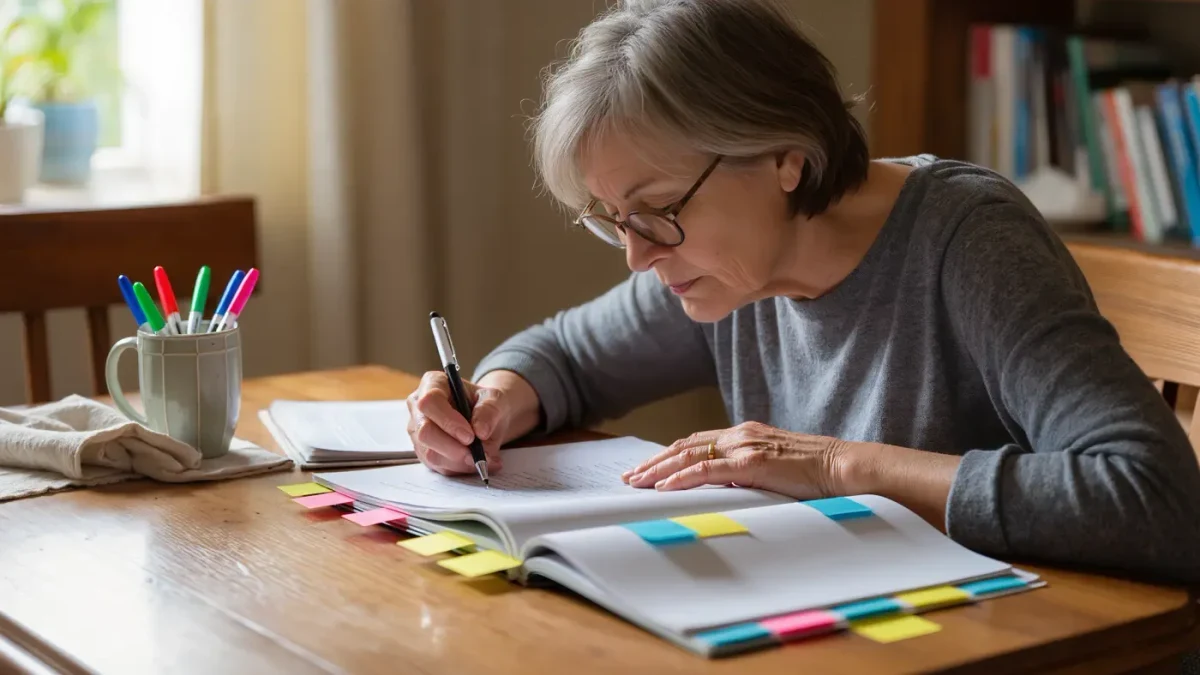 A writer marking printed pages with colored pens