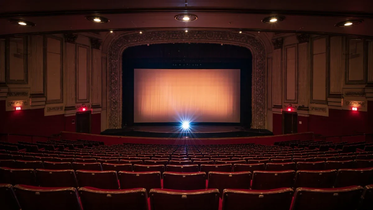Empty cinema auditorium glowing under a live opera stage projection