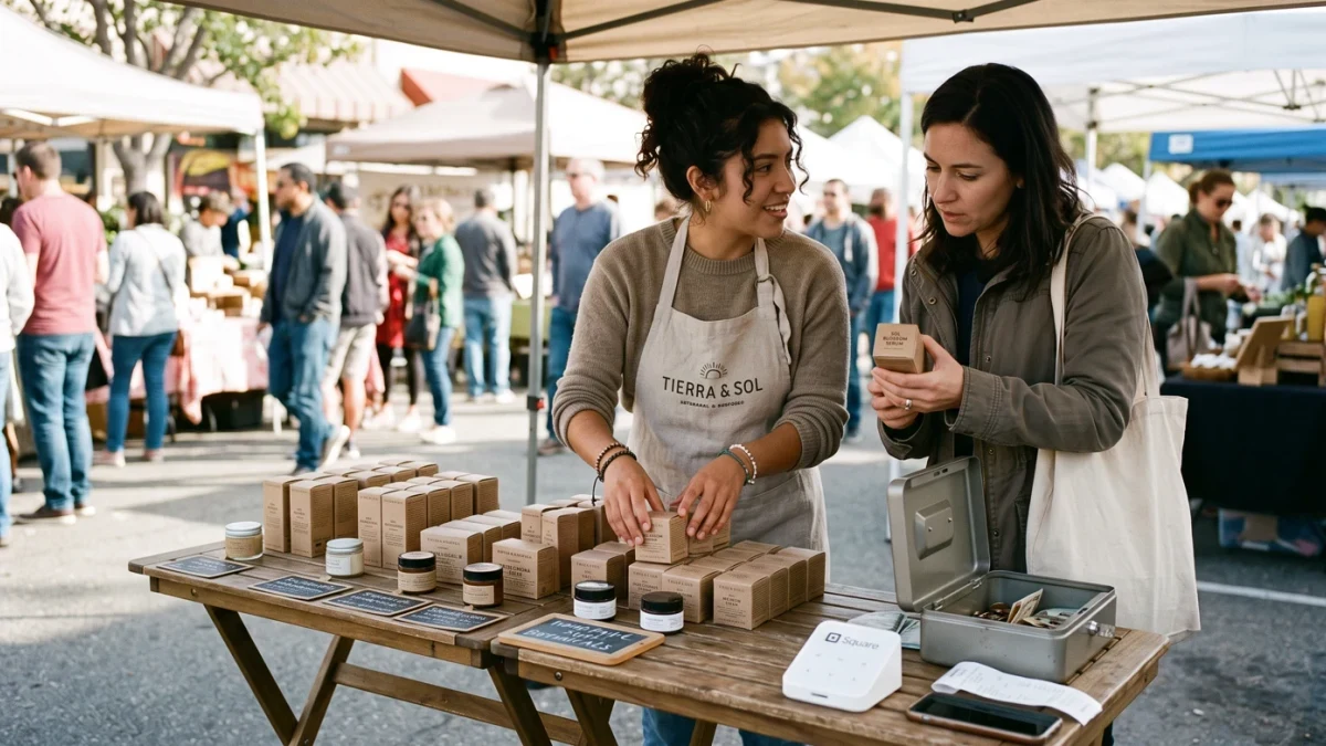 Founder packing weekend market stall products