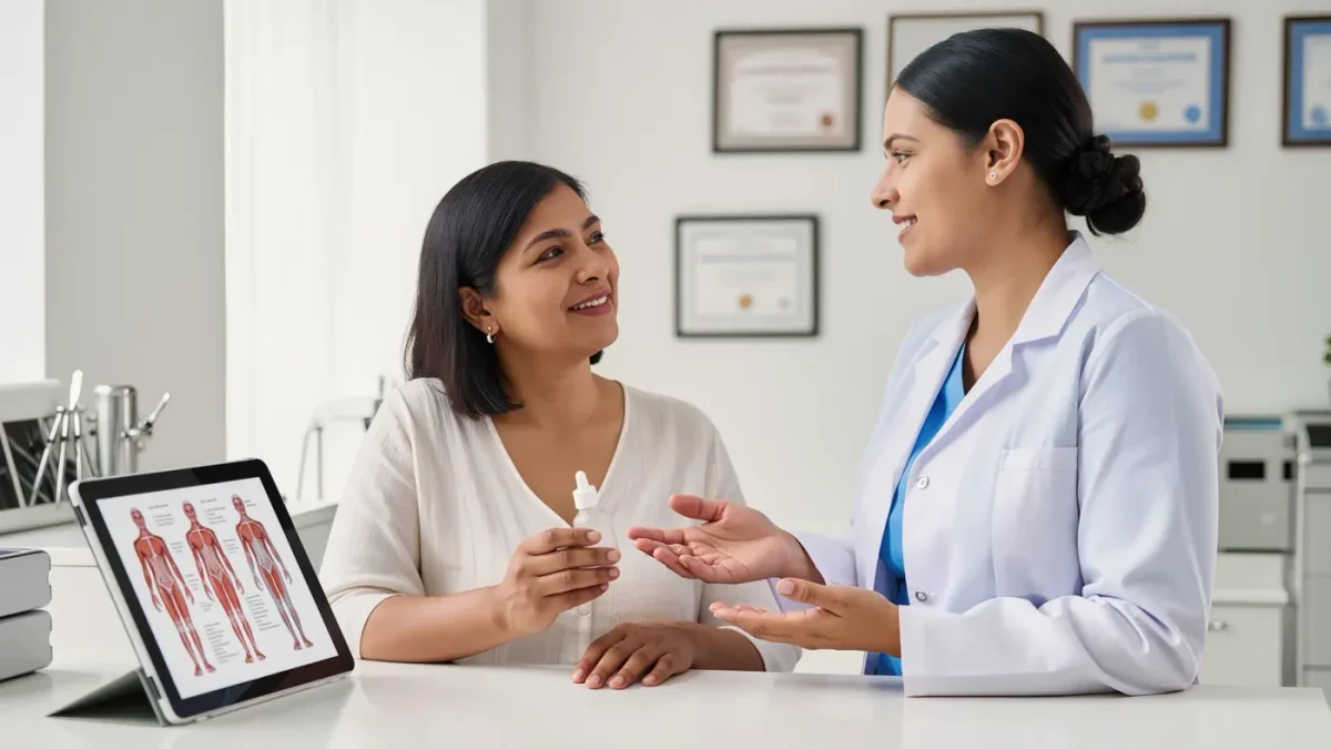 woman discussing serum bottle with dermatologist in a bright clinic office