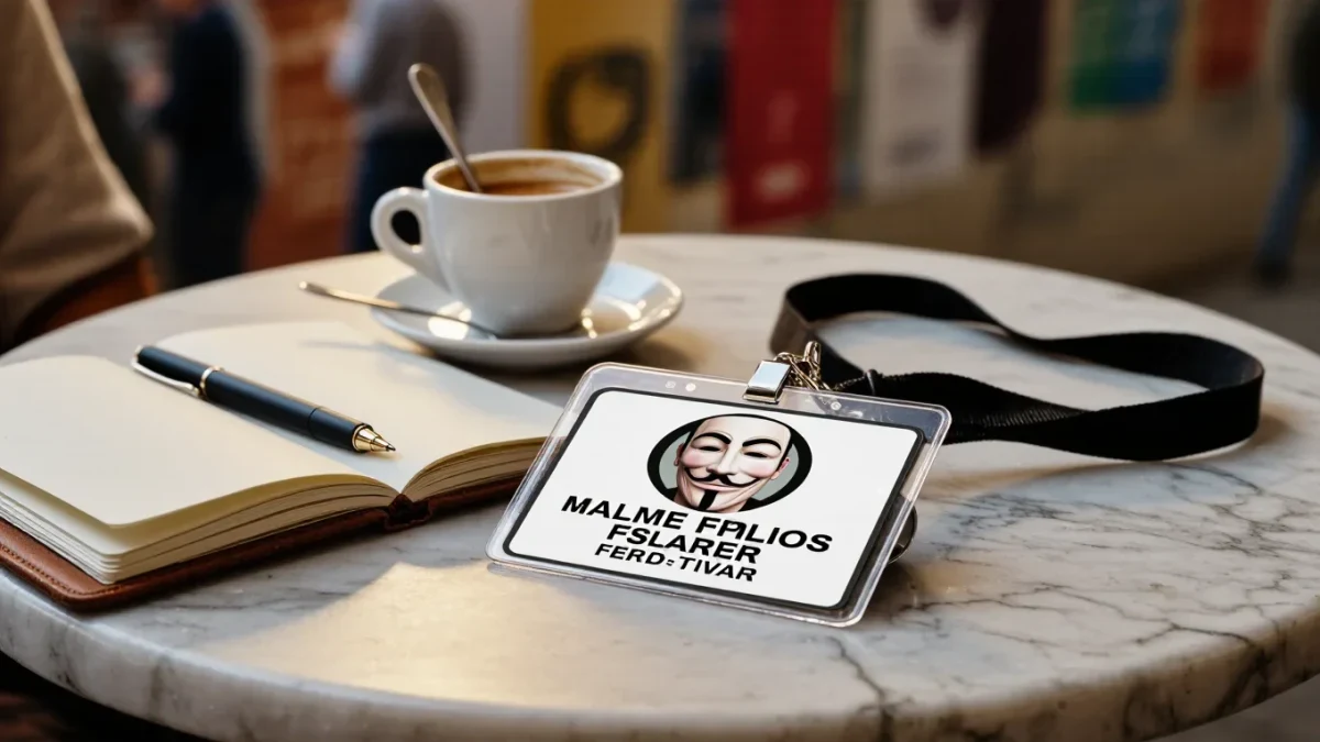 Close-up of festival badge and notebook on cafe table