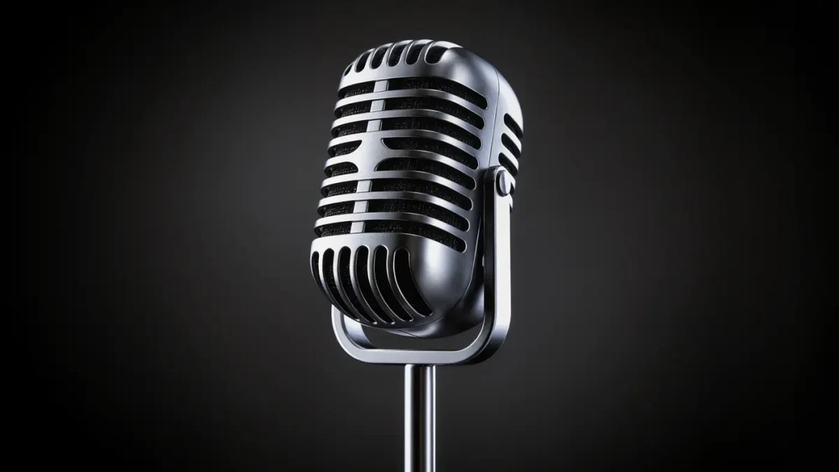 Close-up of a vintage ribbon broadcast microphone on a stand
