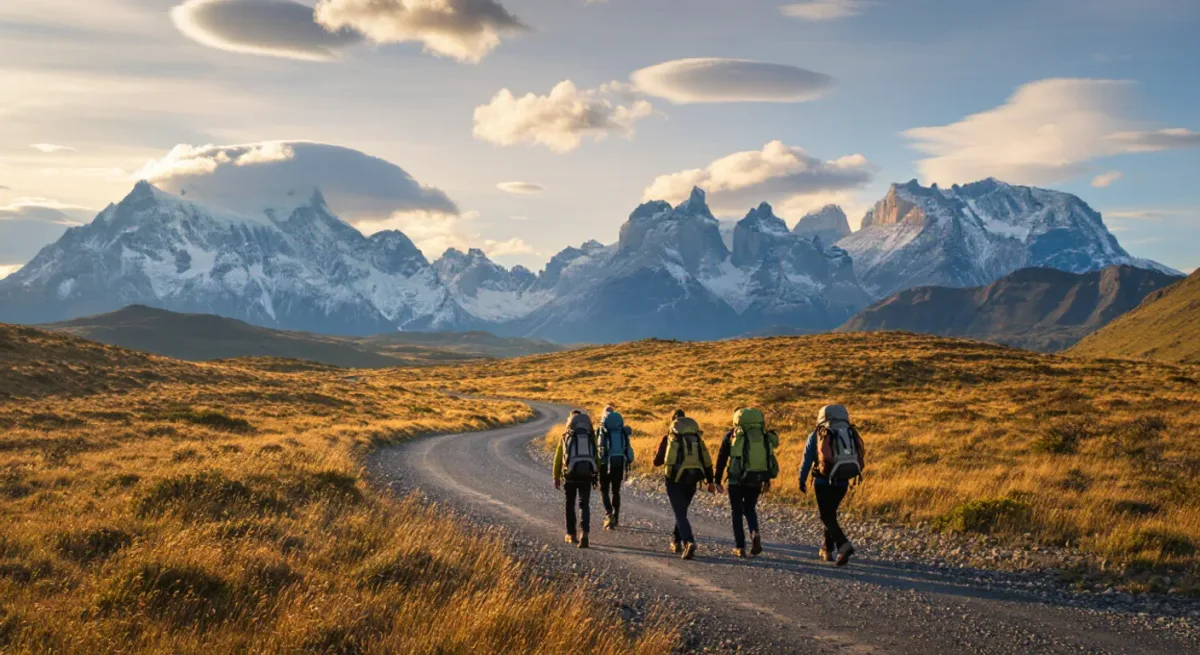 Guide and trekkers walking a Patagonian trail with mountains behind