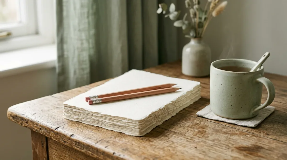 Handwritten pages stacked on a wooden desk beside pencils