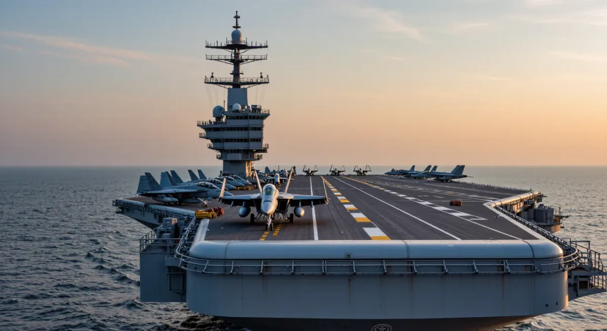 Aircraft on the deck of a carrier at sea near a strait
