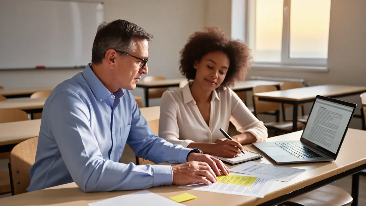 Two educators reviewing a flagged essay printout together at a desk in an empty classroom
