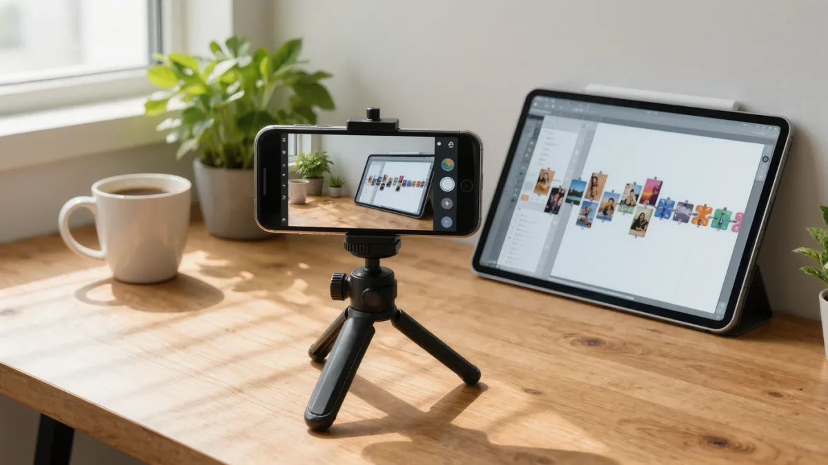 Phone on tripod editing video at bright desk setup