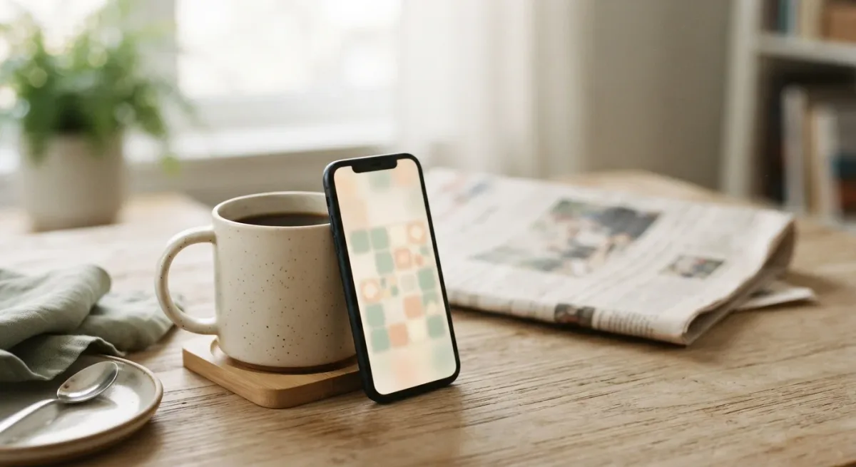 Phone showing blurred crossword grid beside coffee cup