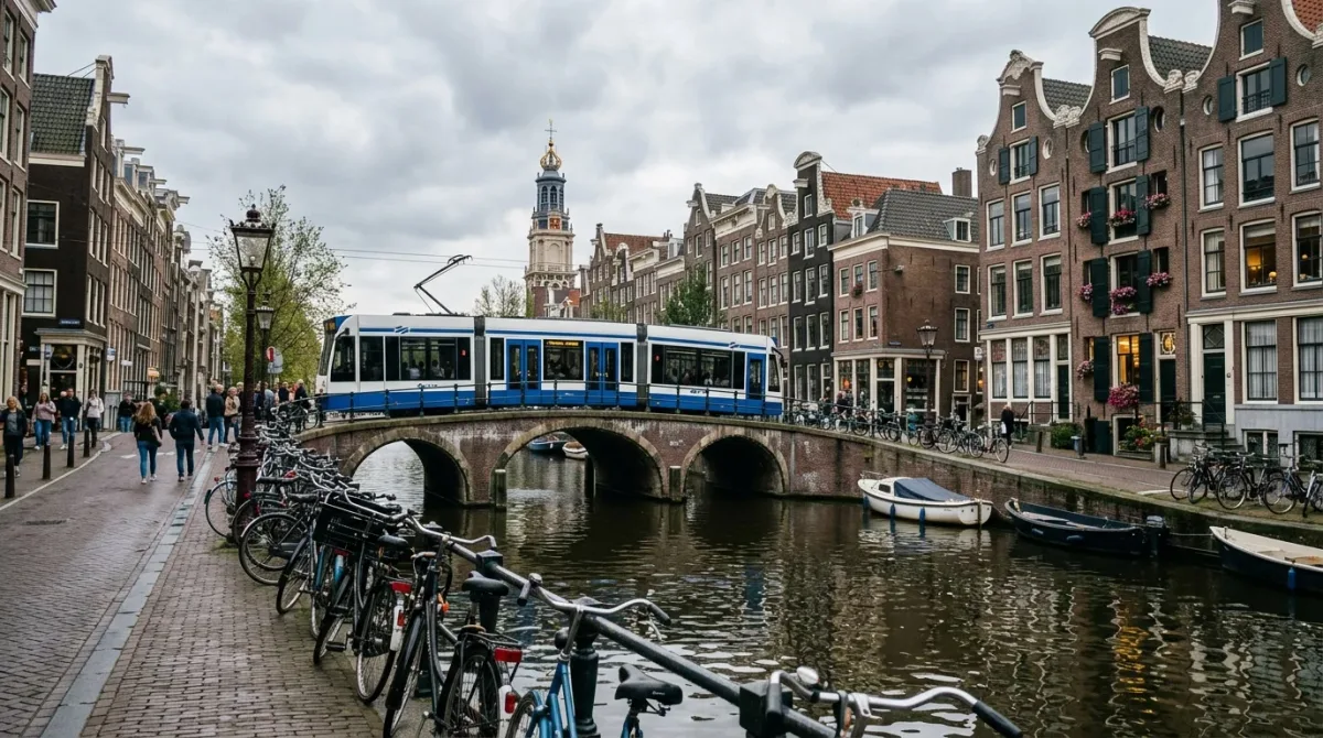 Central Amsterdam showing canal rings, a tram line, a metro symbol, and a ferry crossing the IJ toward Amsterdam Noord, in a muted, concierge-guide color p.