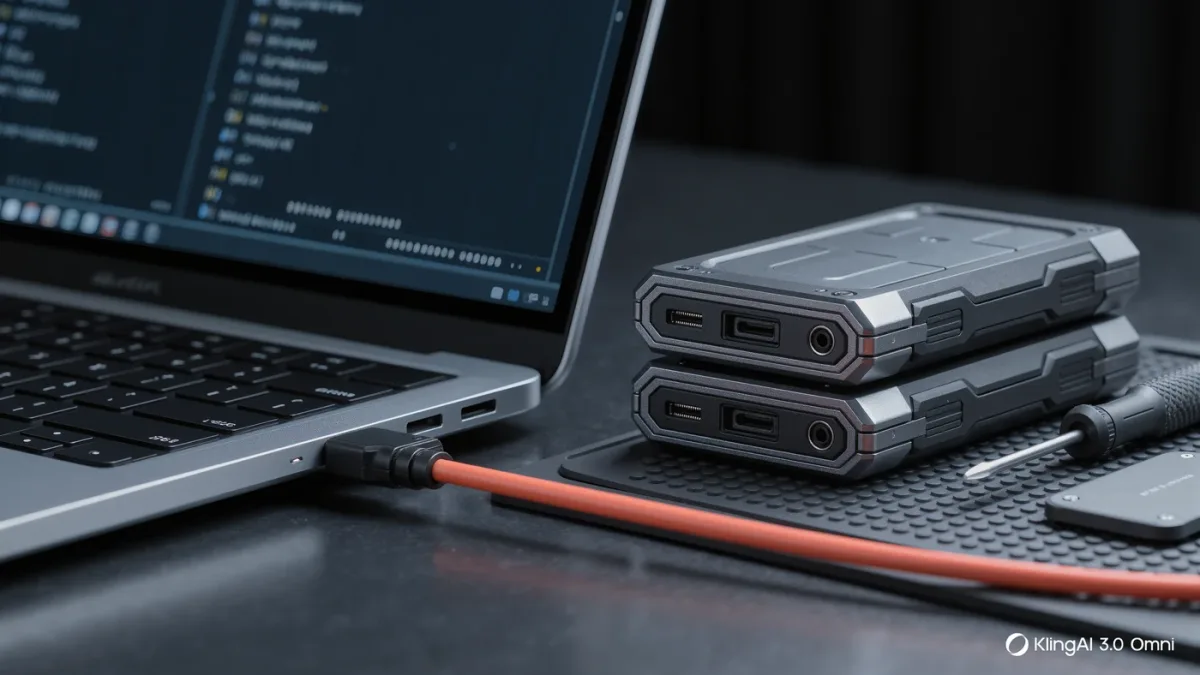Close-up of a laptop with cooling fans visible beside a stack of external drives