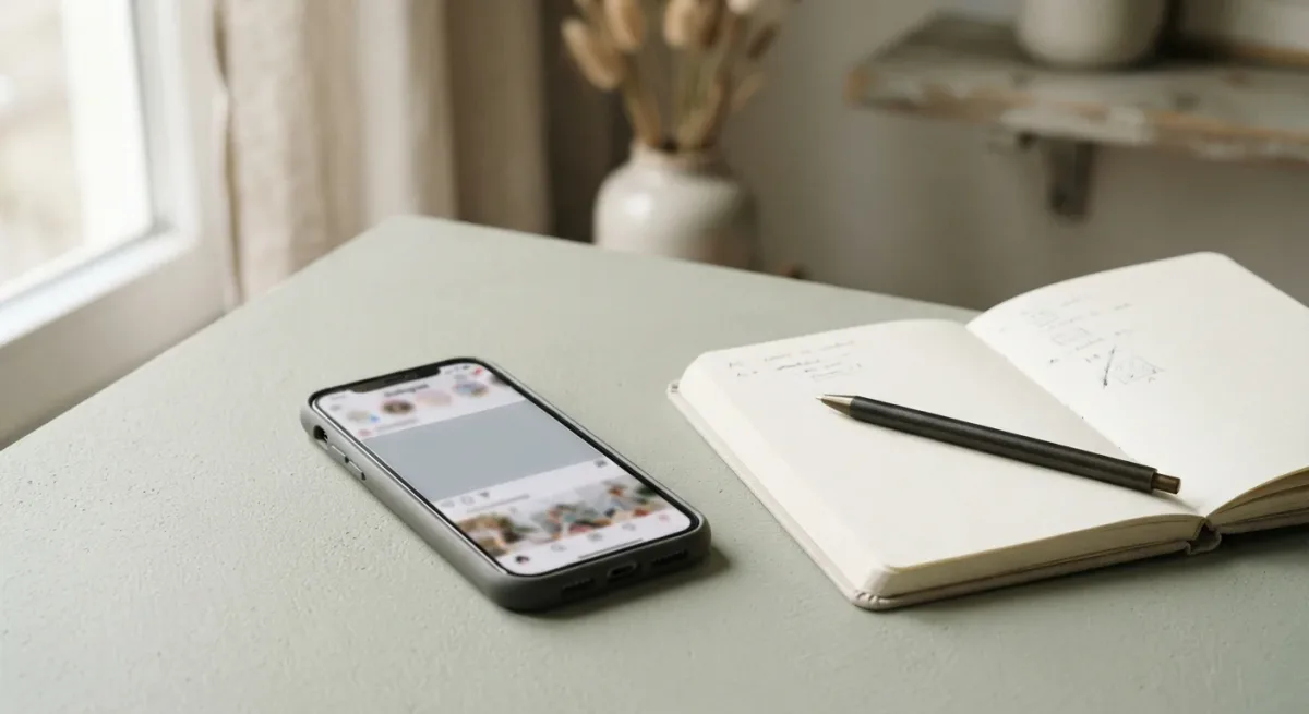 Phone with blocked abstract feed shapes beside notebook