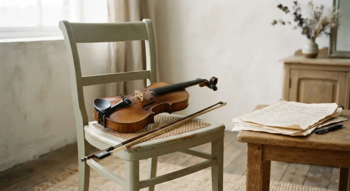 Violin and bow on studio chair in soft window light
