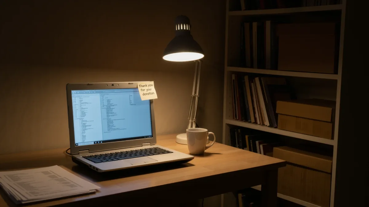 Volunteer maintainer's desk with old laptop and donation page