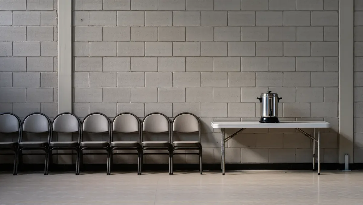 Union hall meeting room with folding chairs and table