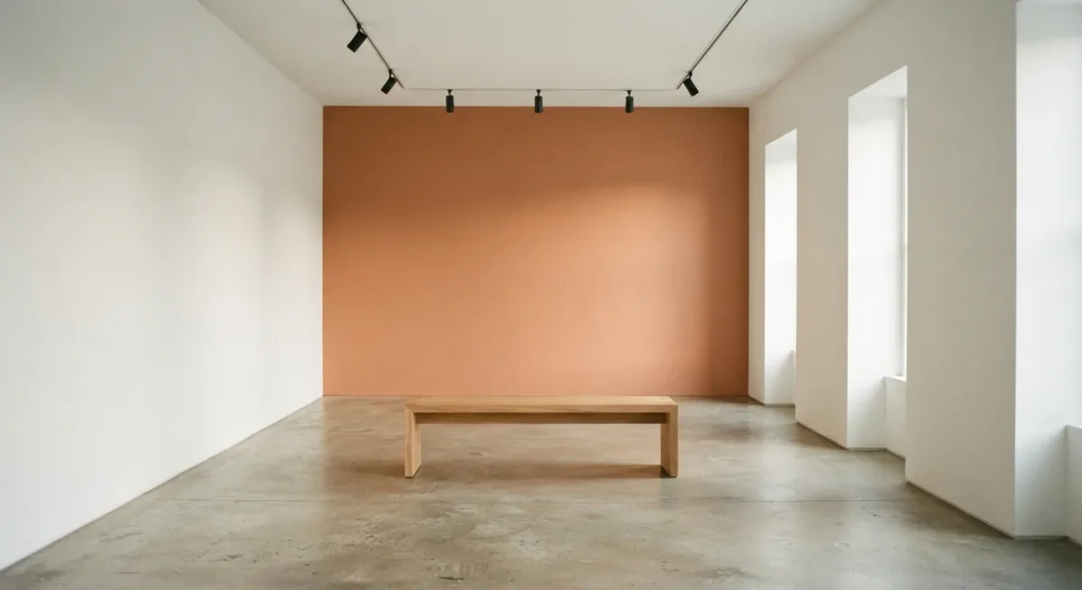 Empty white-cube gallery bench under track lighting