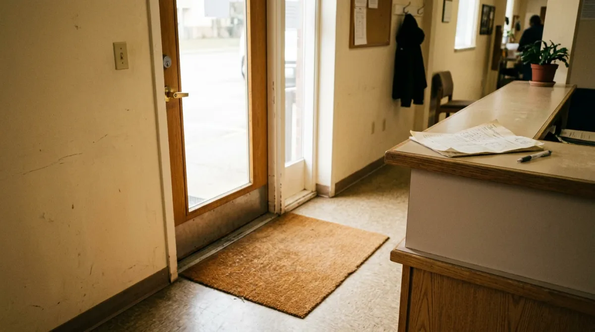 A welcome mat at an office doorway with a subtle paper tax form tucked half-visible beneath it, in Equality Weekender's community-first, optimistic visual palett.