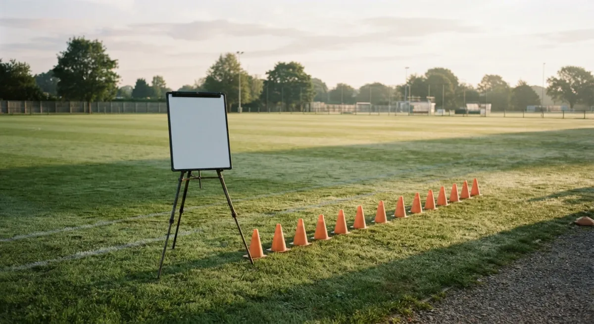 Training pitch with cones and tactics board at low sun