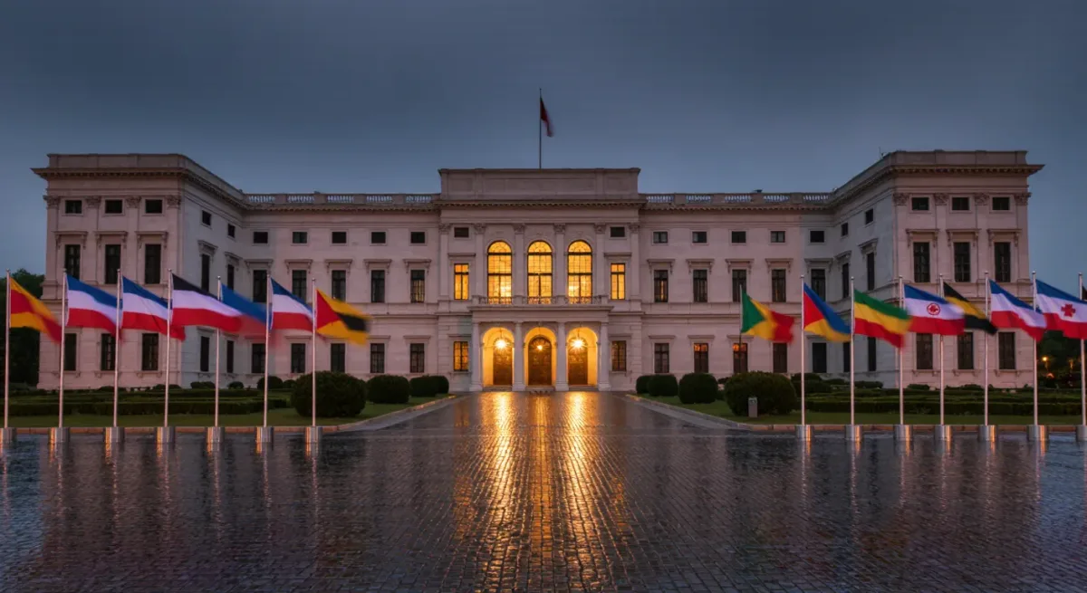 Presidental palace facade behind flags at dusk