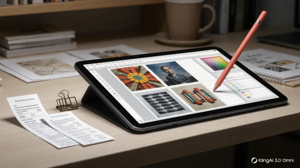 Close-up of a graphics tablet showing generated artwork variations beside receipts