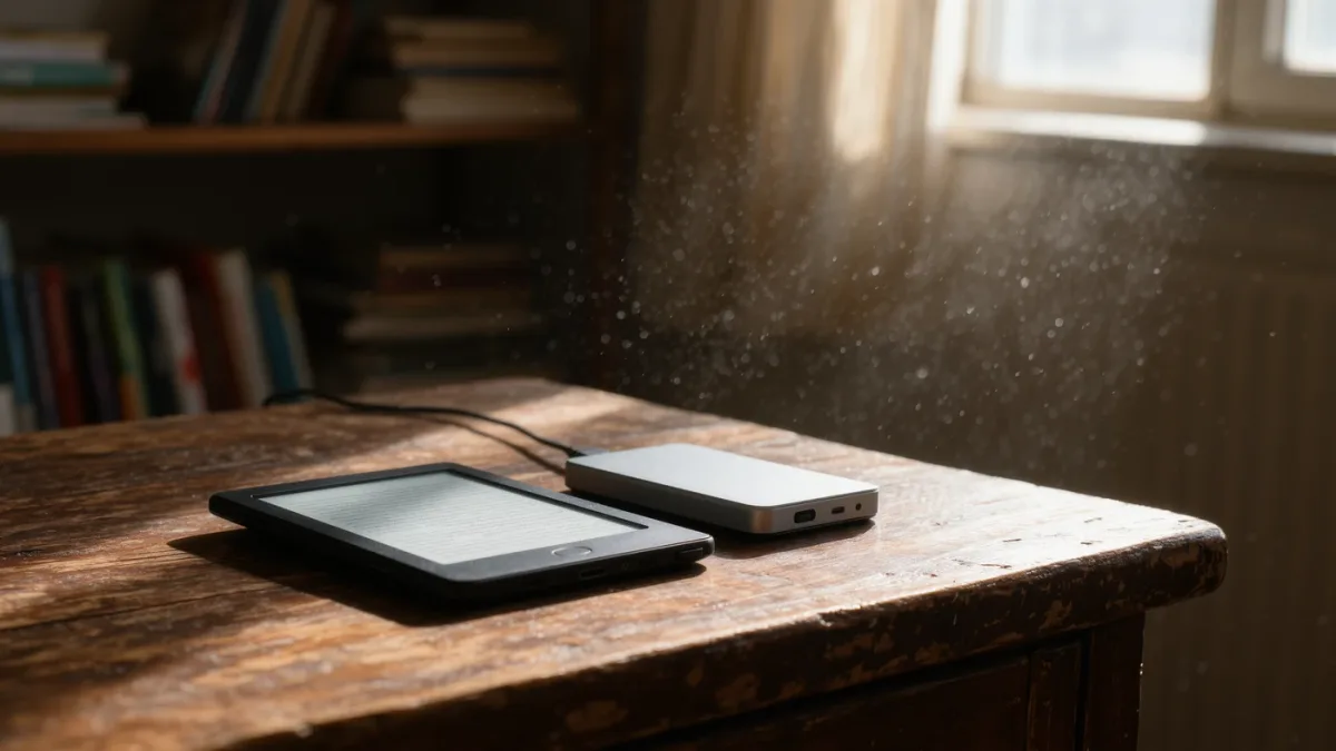 Unbranded e-reader beside external drive on wooden desk