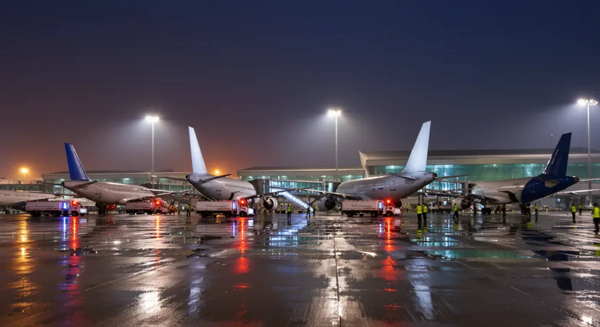 Narrow-body aircraft at gates during a night hub operation