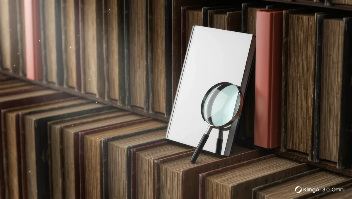 Close-up of a bookshelf with one glowing empty book slot among real spines